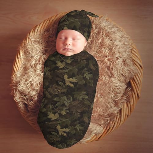 Image of Brown Camouflage Leaf Swaddle Blanket and Wrap Set with Beanie Hat - Soft Baby Receiving Blankets and Swaddle Blankets for Newborn Boys and Girls
