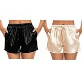 SWOMOG Womens 2 Pack Satin Sleep Shorts Stretchy Boxer Pajama Shorts Cute Lounge Bottoms with Pockets Black/Champagne