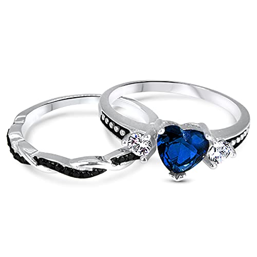 LaRaso & Co Sterling Silver Bridal Ring Set Simulated Sapphire Blue Heart Cut CZ Size 53