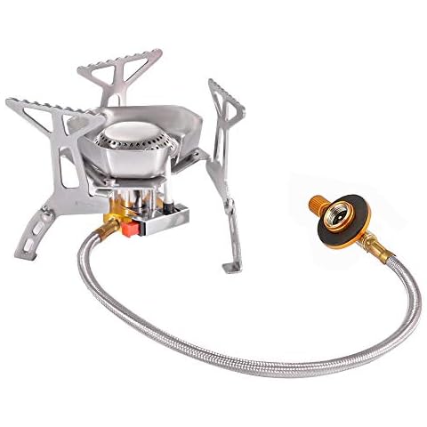 Camping Gas Stove 3500W Folding Mini Pocket Stove with Convenient Piezo Ignition with Gas Conversion Head Adapter for Outdoor Camp Kitchen Hiking Mountaineering Fishing Cover