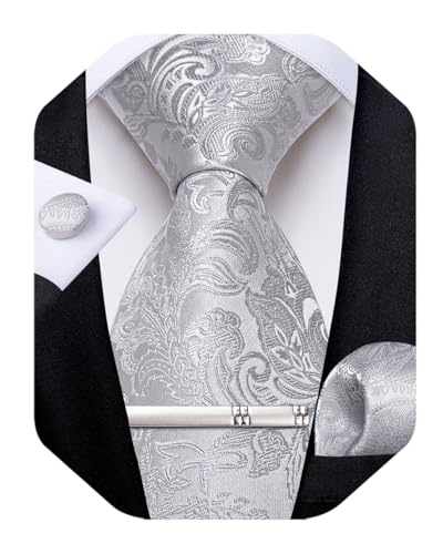 Image of DiBanGu Silk Floral Ties for Men Woven Paisley Necktie and Tie Clip Handkerchief Cufflinks Set for Party Wedding