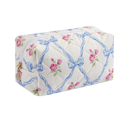 JOVAKIT Square Makeup Bag Cute Cosmetic Bag for Women, Floral Coquette Aesthetic Toiletry Bag, Zipper Make Up Pouch, Travel Make Up Organizer Bag (Blue Bowknot)