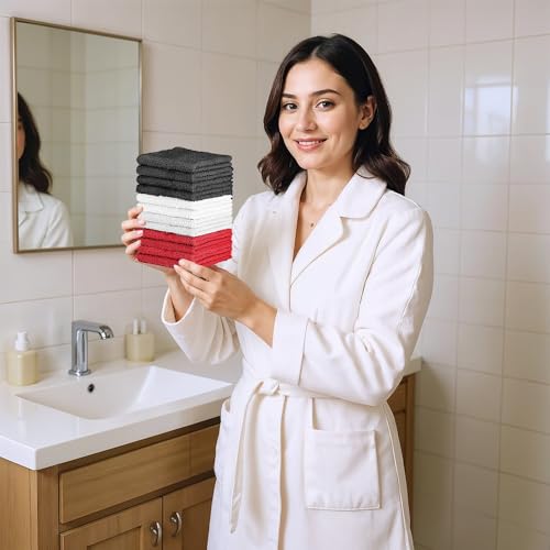 Image of QUBA LINEN 100% Cotton Washcloth Set - Soft, Absorbent Face Towels for Bathroom & Gym Use - Durable & Reusable Wash Cloths - Dark Grey, White & Burgundy, 12x12 Inches, Pack of 12