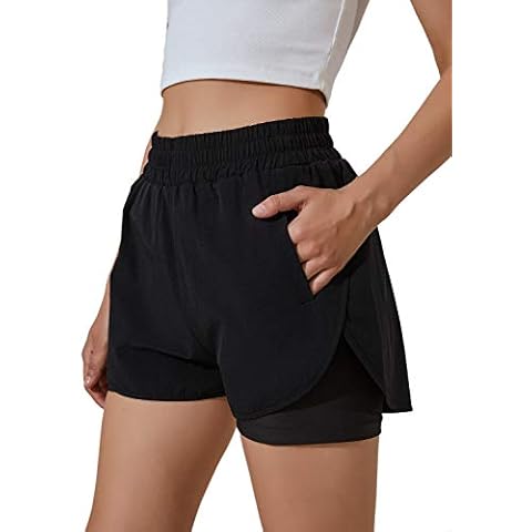 BMJL Women's Running Shorts Elastic Waistband High Waisted Shorts Pocket Sporty Workout Shorts Gym Athletic Shorts Pants Black Cover