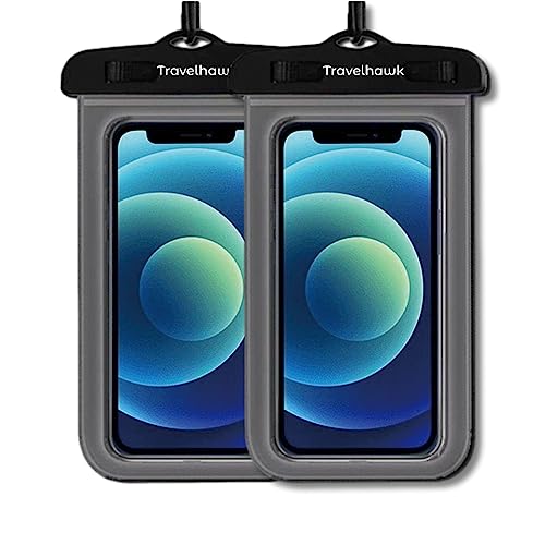 TravelHawk Funda Impermeable Móvil - 2 Unidades - Bolsa Estanca Impermeable IPX8 Funda Impermeable Teléfono para Smartphones, Monedas, Pasaporte Funda iPhone 13 14 15 Samsung Galaxy Huawei - hasta 7"