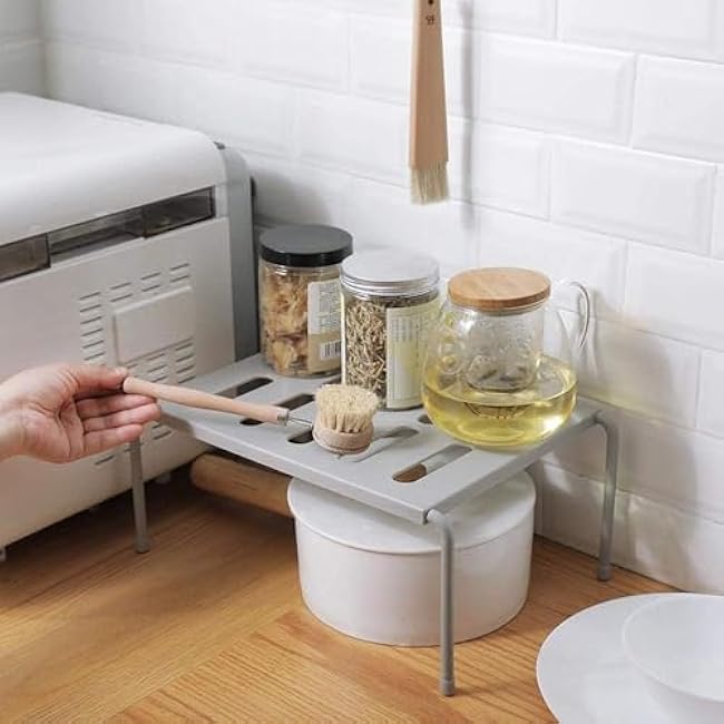 Expandable Cupboard Shelf, Kitchen Shelf Organiser Multi-Function Shelf Organisers for Kitchen Storage, Bathroom Storage, Makeup Storage, Desk, Grid Design can Drain - Gray