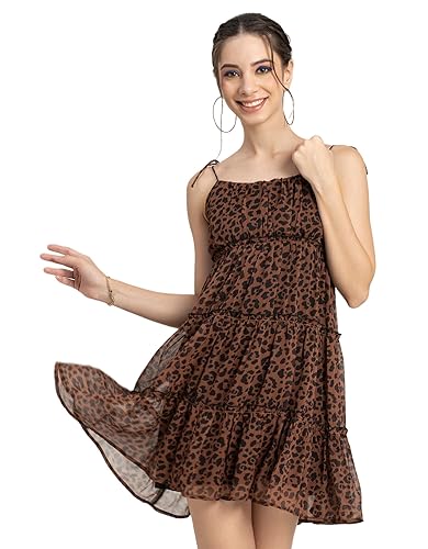 Image of Moomaya Women Printed Mini Dress, Strappy Shoulders Tiered Short Summer Dress