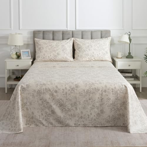 Image of Vintage Beige Floral Percale Sheets Full Size, Deep Pocket, 4Pcs | 100% Cotton Flower Leaf Sheet Set, Neutral Printed Farmhouse Bed Sheets, Luxury Designer Bedding, French Country, Soft Crisp