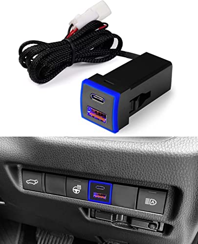 Jiooy トヨタ usbポート qc3.0+pd type-c ノア・ヴォクシー90系 車載 usb ポート ライズ usb 増設 RAV4 usb充電ポート ハリアー80系 usb 増設ポート ランドクルーザープラド 150系 後期 カローラ ヤリスクロス ダイハツ タント ロッキー 車載 usbポート デュアルUSBポート ledライト付き カプラーオン 取り付け簡単(ブルー発光)
