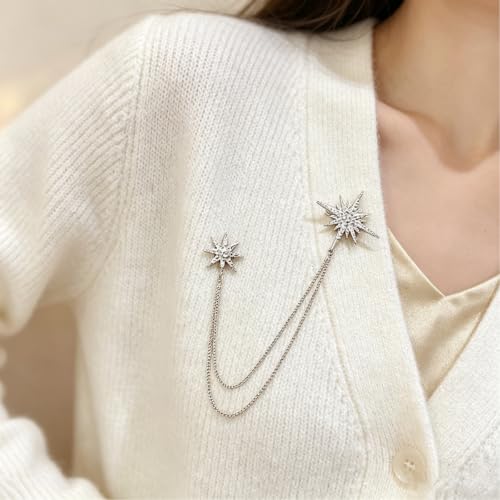 Image of Gold Crystal Star Chain Tassel Brooch Pin for Women Men,Glitter Rhinestone Lapel Pins Dress Suit Accessories,Silver Wedding Anniversary Fringe Brooch