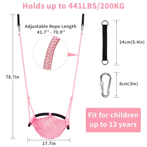 Image of Hi-Na Tree Swing for Kids, Adjustable Toddler Rope Swing Seat with Snap Hooks and Straps, 440 lbs Capacity, Swingset Accessories for Indoor Porch Doorway Outdoor Playground Backyard (Pink)