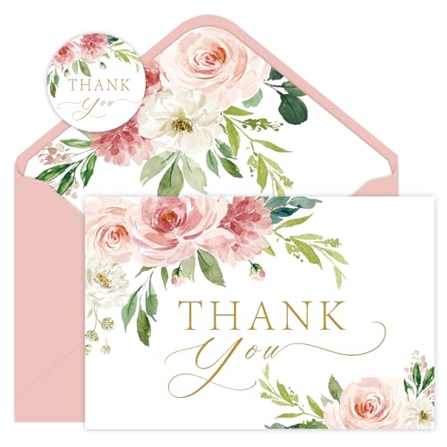 Cartes de remerciement florales lot de 24 avec enveloppes roses pour cérémonie de diplôme
