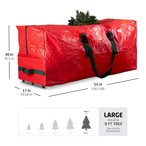 Zober Rolling Large Christmas Tree Storage Bag - Fits Artificial Disassembled Trees, Durable Handles & Wheels For Easy Carrying And Transport - Tear/Waterproof Polyethylene Plastic Duffle Bag (9 Ft., Red) #TOP5