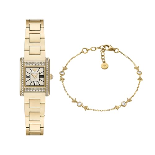 Emporio Armani Mujer Reloj de Acero Inoxidable Dorado y Pulsera de Plata de Ley, Set