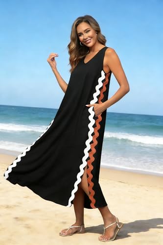 Image of utcoco Women's Summer Beach Boho Flowy Maxi Dress Casual Sleeveless V Neck Side Slit RIC Rac Tank Dress