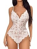 Buitifo Femmes Body en Dentelle Lingerie Sexy Teddy V Cou One Piece Babydoll Pyjama Négligé (Blanc M)
