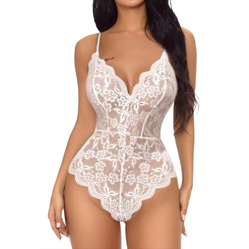 Buitifo Damen Lace Bodys V-Ausschnitt Babydoll Sexy Teddy Lingerie Frauen Unterwäsche (White XL)