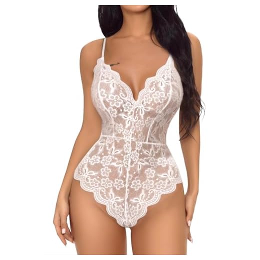 Buitifo Damen Lace Bodys V-Ausschnitt Babydoll Sexy Teddy Lingerie Frauen Unterwäsche (White XL)