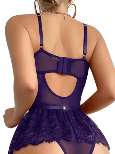 Image of Lilosy Sexy Lingerie Set 3 Piece Women Corset Bodysuit Skirt | Rhinestone Heart Stocking Garter Plus Size Underwire Mesh Sheer Lace Push Up Babydoll Halloween Christmas Valentine's Bridal
