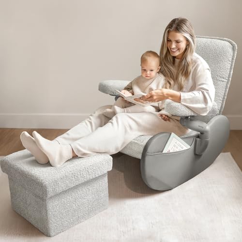 Image of MAMAZING Lullabud Nursery Rocking Chair Glider with Ottoman for Breastfeeding, Upholstered Nursing Chair with Removable Cover Reading Chair for Bedroom, Living Room(Light Grey /Light Grey)