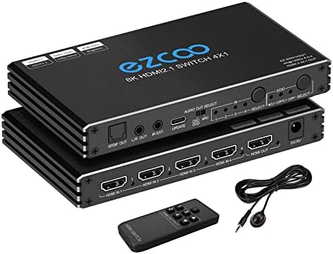 4K 120Hz HDMI 2.1 przełącznik 4x1 Audio Extractor VRR ALLM HDCP2.3 ARC HDR10+ CEC optyczny SPDIF optyczny i wyjście audio AUX 3,5 mm, automatyczny przełącznik HDMI 4 IN 1OUT IR pilot Dolby Digital EDID do PS5 XBOX NVIDIA