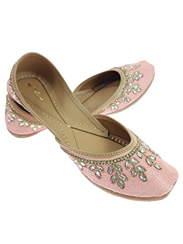 Image of Fulkari Women's Dolli Gold Genuine Soft Leather Embroidered Jutis | Bite and Pinch Free Jutti | Punjabi Formal Juttis | Girl's Wedding Flat Ladies Mojari | Formal Ethnic Juti |