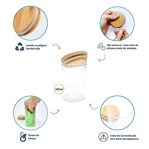 JOGO DE 5 POTES HERMÉTICOS DE VIDRO TAMPA DE BAMBU - 250 ML