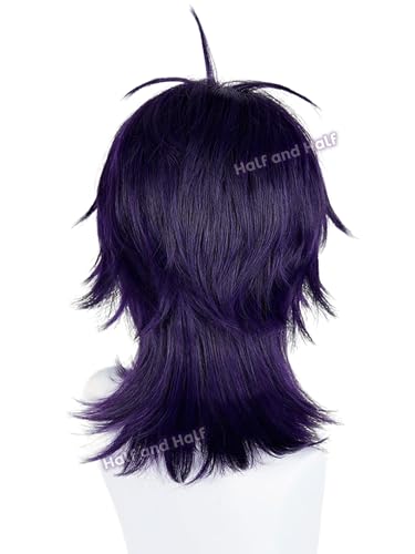 Image of Half and Half Dark Purple Wolf Cut Wig for Narancia Cosplay, Short Black Purple JJBA Anime Wigs with Bangs 16.5'' Shoulder Length Spiky Layered Wigs for Men Women Halloween Party Daily