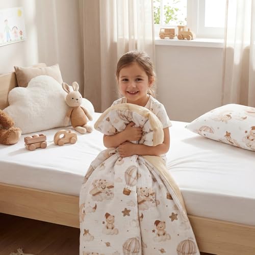 Yukkidds Musselin Kinderbettwäsche 100x135 – Bettbezug 100x135 & Kissenbezug 40x60 cm aus 100% Baumwolle – Atmungsaktives Bettwäsche Set für Baby Kinder (Brauner Ballon)