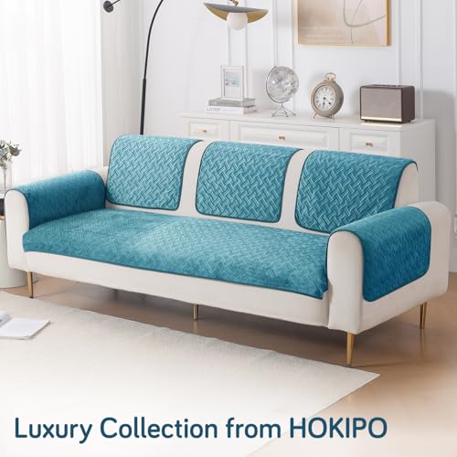 Image of HOKIPO Premium Velvety Quilted Sofa Armrest Covers (Pack of 2)- Anti-Slip, Washable Arm Cover, 'Softline Quilted Series' | Teal Blue (AR-6321-BL*2)