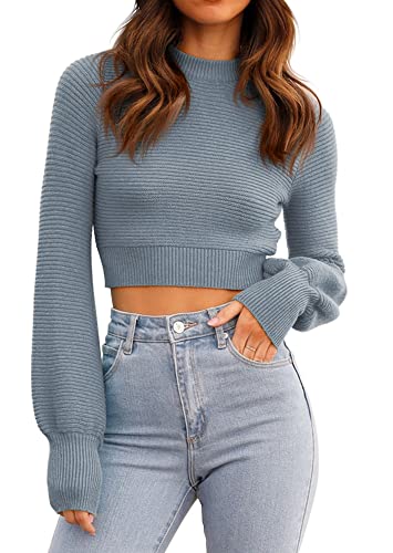 Image of Womens Sexy Crew Neck Cropped Sweaters Knit Long Sleeve Crop Tops Pullover | Ribbed Knit, Long Sleeve, Crop Tops, Pullover,Crew Neck