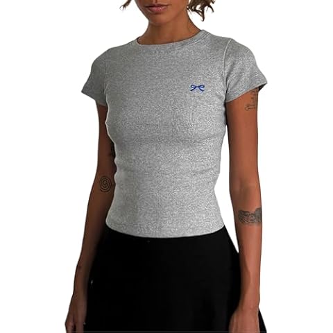 Women Y2K Crop Tops Short Sleeve Ribbed Knit Shirts Cute Bow Embroidery Tee Shirts Teen Girls Slim Fitted Baby Tees (Gray, S) Cover