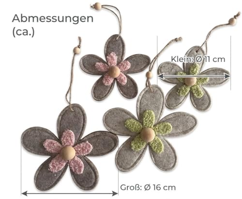 khevga Filzblumen 4er Set – Fensterdeko Frühling & Sommer zum Hängen – Blumen Anhänger aus Filz & Holz, Pastell Rosa Grün, Boho Deko für Fenster, Wand & Geschenk