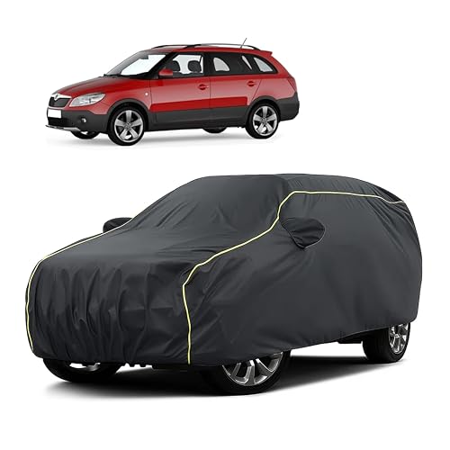 Image of Sulfar 100% Water Resistant Car Body Cover Compatible with Mirror for Skoda Fabia Scout (Triple Stitched, Full Bottom Elastic, Dark Grey Taffeta with Yellow Piping)