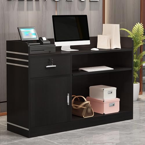 Empfangstheke, Rezeption Messestand, Tresen Bar Theke, Empfangstresen, Rezeptionstheke, Nagelstudio Tisch, Thekentisch, Büromöbel, Verkaufstheke, mit 1 Schubladen, Stauschrank und offenen Fächern(Blac