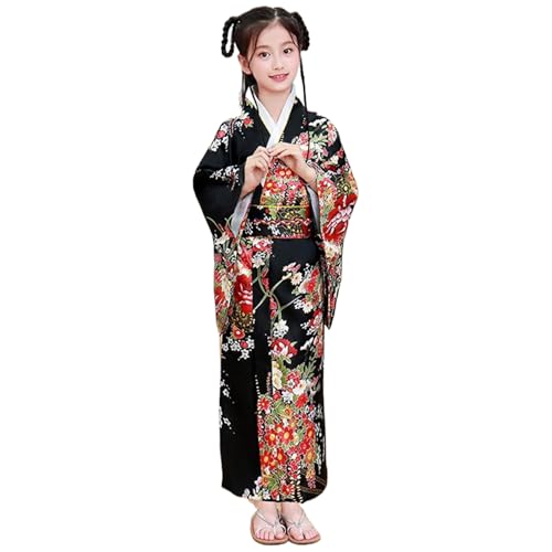 Suxdlan Kimono Infantil para niñas, Disfraz de Geisha de Seda con Estampado de Flores y Lazo Trasero, Yukata para Cosplay y Halloween (Talla 150)