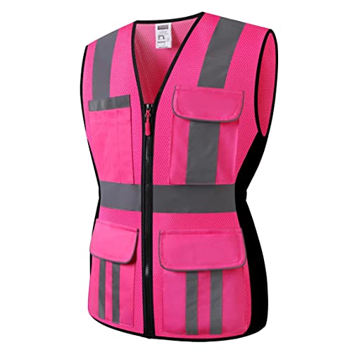 Jkwear Women Safety Vest, Multi Pockets High Visibility Reflective Breathable Mesh Work Vest For Lady, Durable Zipper (Small, Pink-A) #TOP7