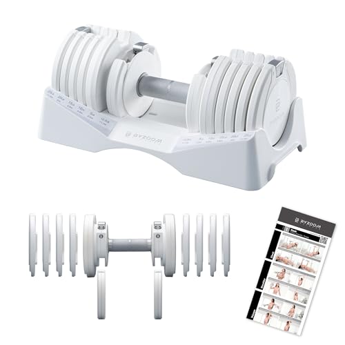 BYZOOM FITNESS Pure Series Adjustable Dumbbell 27.5LB Single Unit - 10-in-1 Adjustable Weights with Precision Micro Plates, for Strength Training & Fitness Workouts at Home Gym, Garage Gym, Small Apartments, White