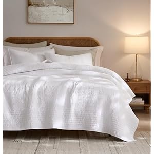 palassio Striped White 100% Cotton Quilt Queen Size Bedding Sets, Lightweight Crinkly Channel Pick Stitch Textured Bedspread Soft Shabby Chic Farmhouse Country Coverlet for All Season, 2 Shams