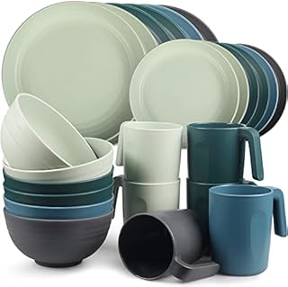 Greentainer Unbreakable Plastic Dinnerware Set, Lightweight Camping Tableware with 6 Dinning Plates, 6 Dessert Plates, 6 Bowls, 6 Cups for Kids & Adults, Service for 6, Microwave&Dishwasher Safe