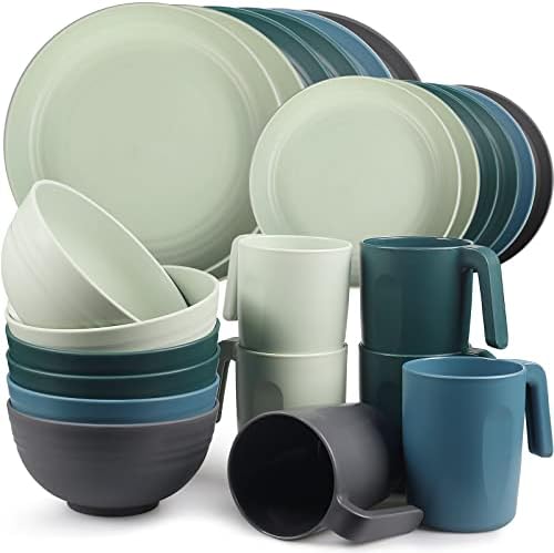 Greentainer Geschirrsets aus Kunststoff (24pcs) | Leichtes und Unzerbrechliches Komplett-Set,Tellerset, Schüsseln,Tassen,Tafel-Service für 6 Person, ideal für Kinder & Erwachsene W