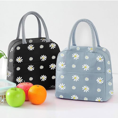 Image of Insulated Lunch Bag, Portable Thermal Lunch Bags Cooler Bag Daisy Pattern Lunch Box Organizer Tote Bag for Women Adults Kids Girls Work School Picnic Camping Travel (Grey)