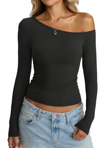 Womens Off Shoulder Tops Tight Long Sleeve Shirts Sexy Crop Top Y2K Slim Fit Going Out Fall Fashion Clothes 20253