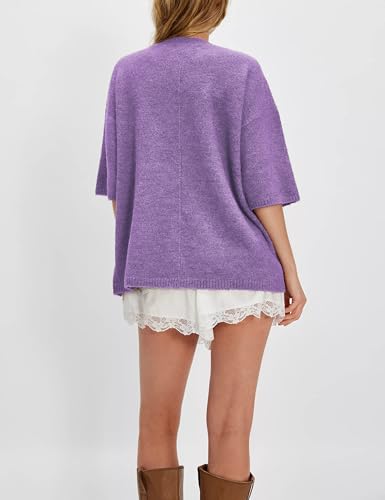 Yeokou Women Sweater Tee Casual Crewneck Short Sleeve Pullover Top Ribbed Knit Loose Shirt