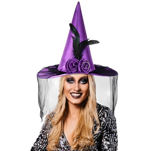 Liobelon Purple Witch Hat Women, Witches Hat, Halloween Witch Hats for Party Men Adult Girls Costume Cosplay Velvet Witch Hat with Soft Lace Mesh Rose Flower and Feather