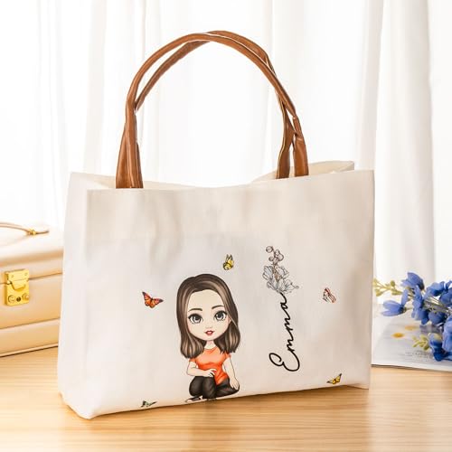 Bolso tote de lona personalizado para mujer con personaje de dibujos animados y flor de nacimiento, nombre y personaje personalizados, blanco, mediano, cierre con cremallera, para compras y viajes miniatura 4