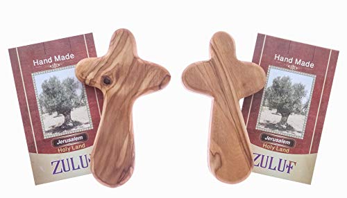 Zuluf Two Olive Wood Holding Hand Palm Comfort Crosses Olivewood | Prayer Comfort Holding Wooden Crosses | Best Christian Holyland Gift & Two Certificates of Authenticity | 10.7cm / 4.2 Inches CRS099