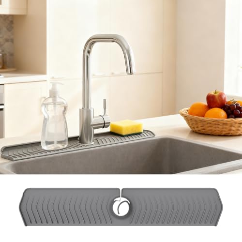 Image of 30 Inch Silicone Kitchen Sink Faucet Mat, Adjustable Waterproof Splash Guard Draining Mat Keep Countertops Dry (Gray)