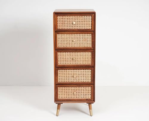 Image of Chest of Drawers | Multipurpose Console Dresser with 5-Compartment Storage Cabinet with Modern Design for Bedroom, Living Room & Office | Solid Sheesham Wood, Honey Finish(Peter)