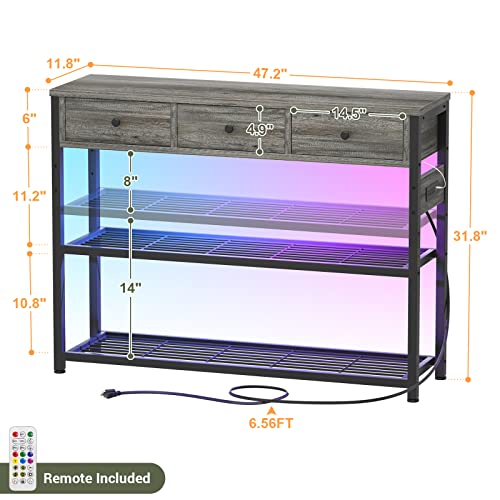 Console Table For Entryway With Power Strip, Entryway Table With Rgb Led Lights, Entry Table With Storage Drawers, Sofa Tables Narrow Long For Living Room, Couch, Hallway, Foyer, 47'', Grey Oak #TOP2